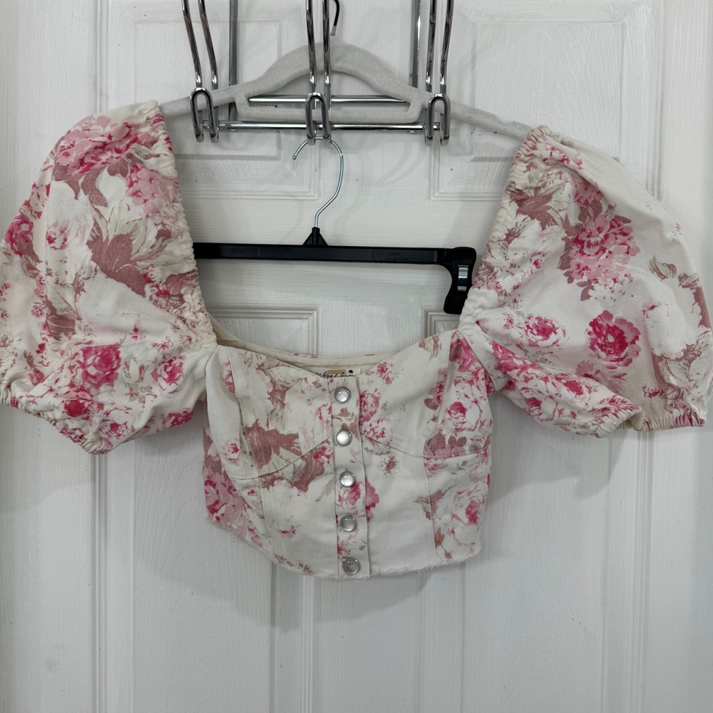 For Love & Lemons Pink Floral Corduroy Puff Sleeve Crop Top XS - Picture 2 of 10